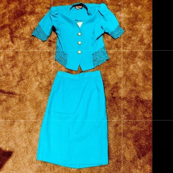 ✨vintage 2-piece suit SET sz XS/S/M petite secretary pencil office workwear lace